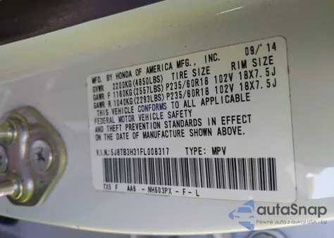 2015 Acura Rdx z USA, uszkodzony, nr VIN 5J8TB3H31FL008317